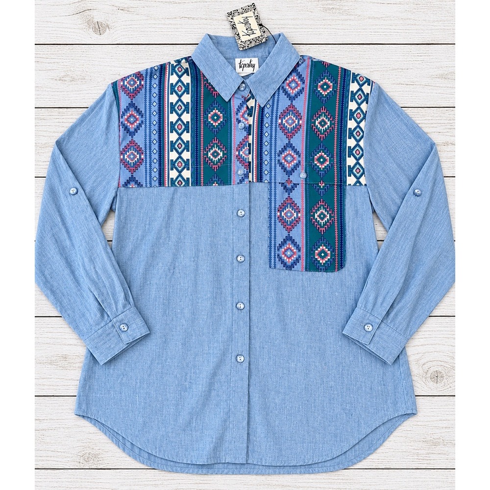 Vintage Tapestry Button Up Shirt Southwestern Aztec Chambray Western Cowgirl Med